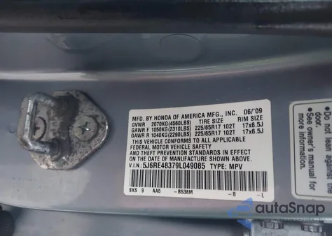 2009 Honda Cr-V Lx z USA, uszkodzony, nr VIN 5J6RE48379L049085